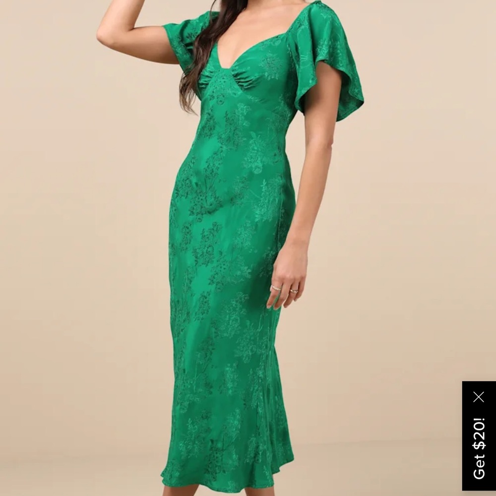 Effervescent Afternoon Green Satin Flutter Sleeve Midi Dress - Picture 2 of 4
